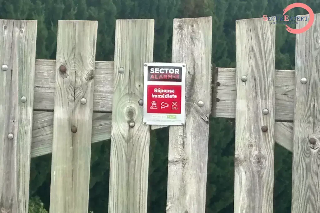 Plaque dissuasive Sector Alarm fixée sur une clôture en bois